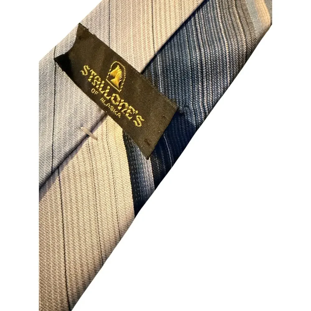 Stallone’s of Nassau Blue Gray Striped Silk Tie Classic‎ Mens Necktie